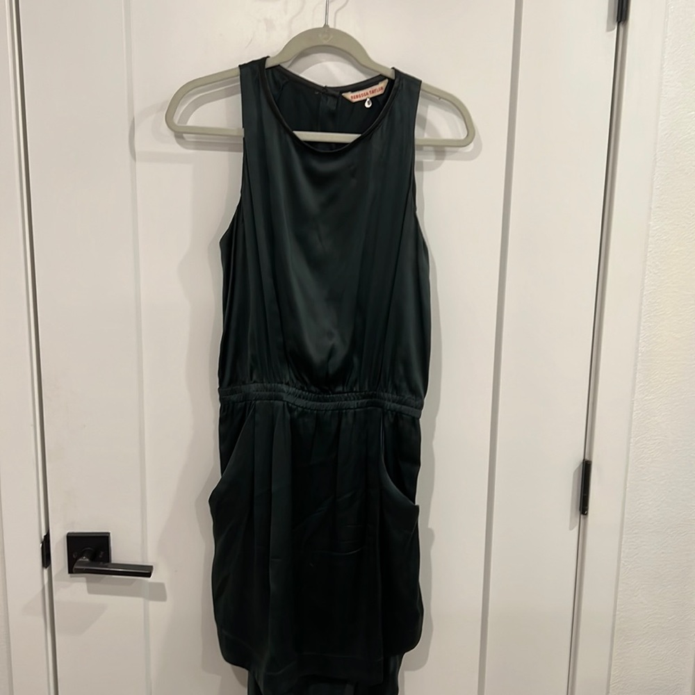 Dark green (w/ black leather trim neck) silk Rebecca Taylor sleeveless dress